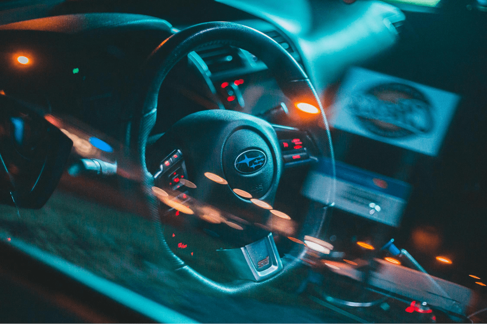 A steering wheel of a Subaru